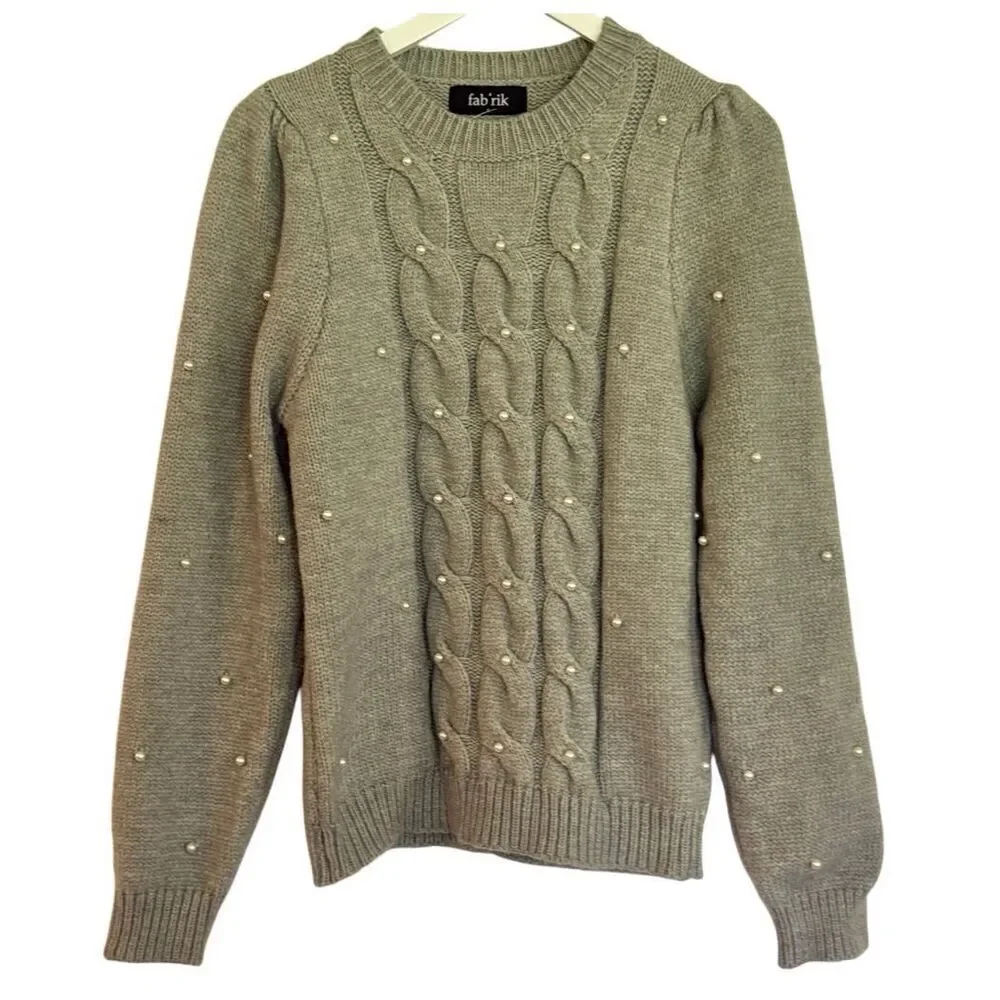 Fab’Rik NWT Lois grey cableknit pearl knit sweater small